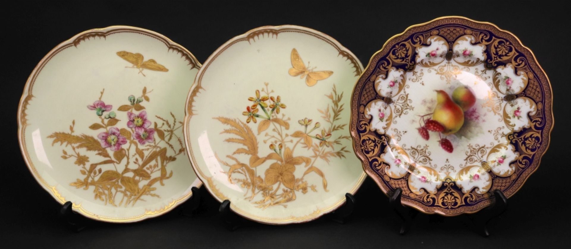 A pair of Derby dessert plates, gilt with butterflies,