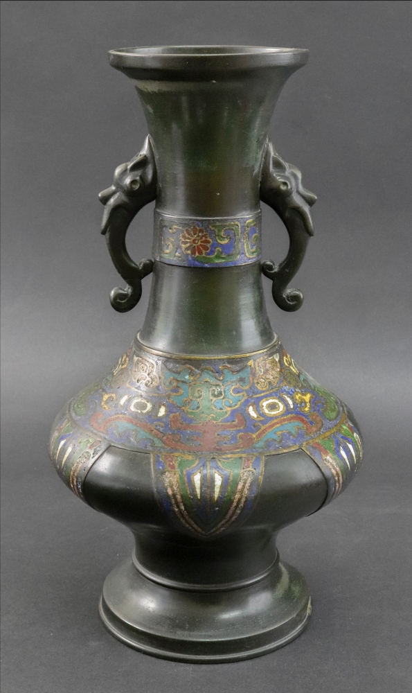 A Chinese bronze and champleve enamel two handled vase, 19th century, of bottle form,