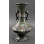 A Chinese bronze and champleve enamel two handled vase, 19th century, of bottle form,