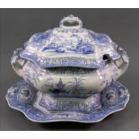 A Beauties china blue and white soup tureen, cover and stand, 19th century,