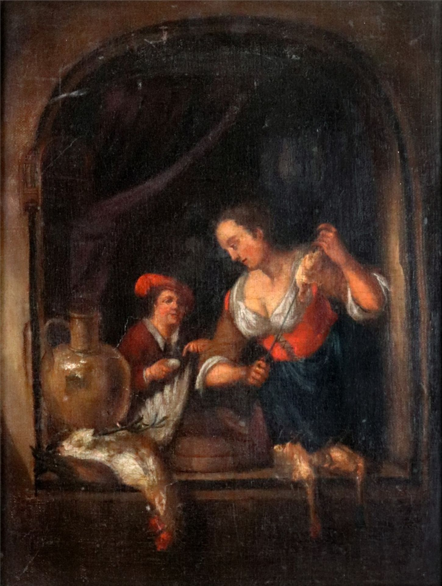 European School, 19th Century, A man and a woman with dead game, oil on canvas, 41 x 32cm.