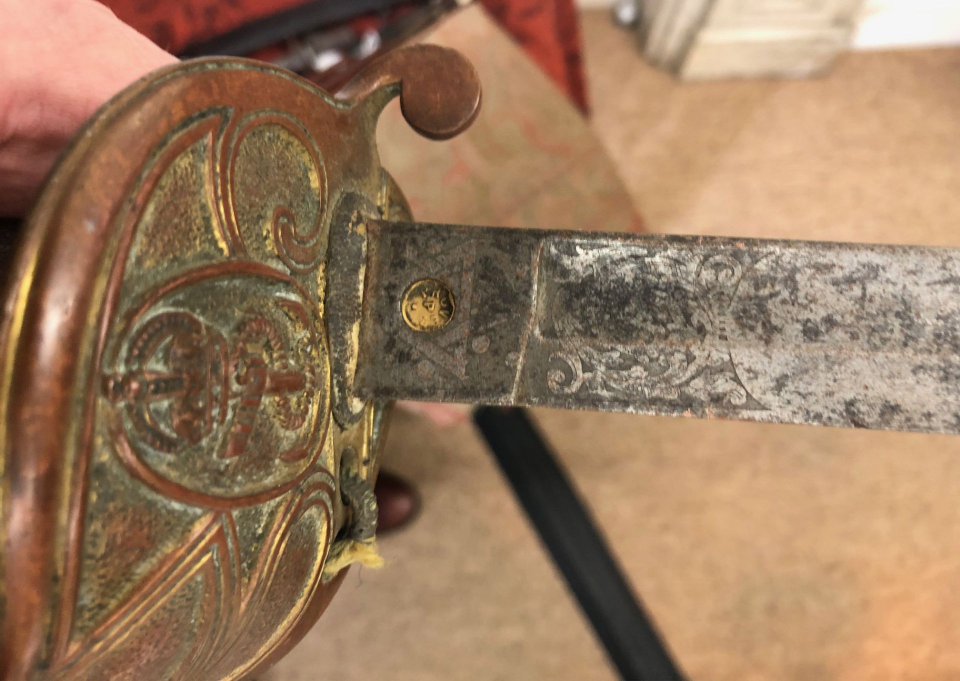 A naval officers sword, with wirebound fishskin grip, lion head pommel and bullion knot, - Image 7 of 7