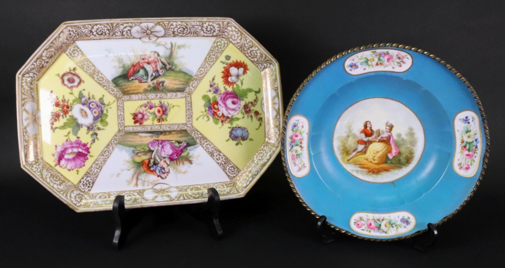 A Dresden octagonal cabaret tray,