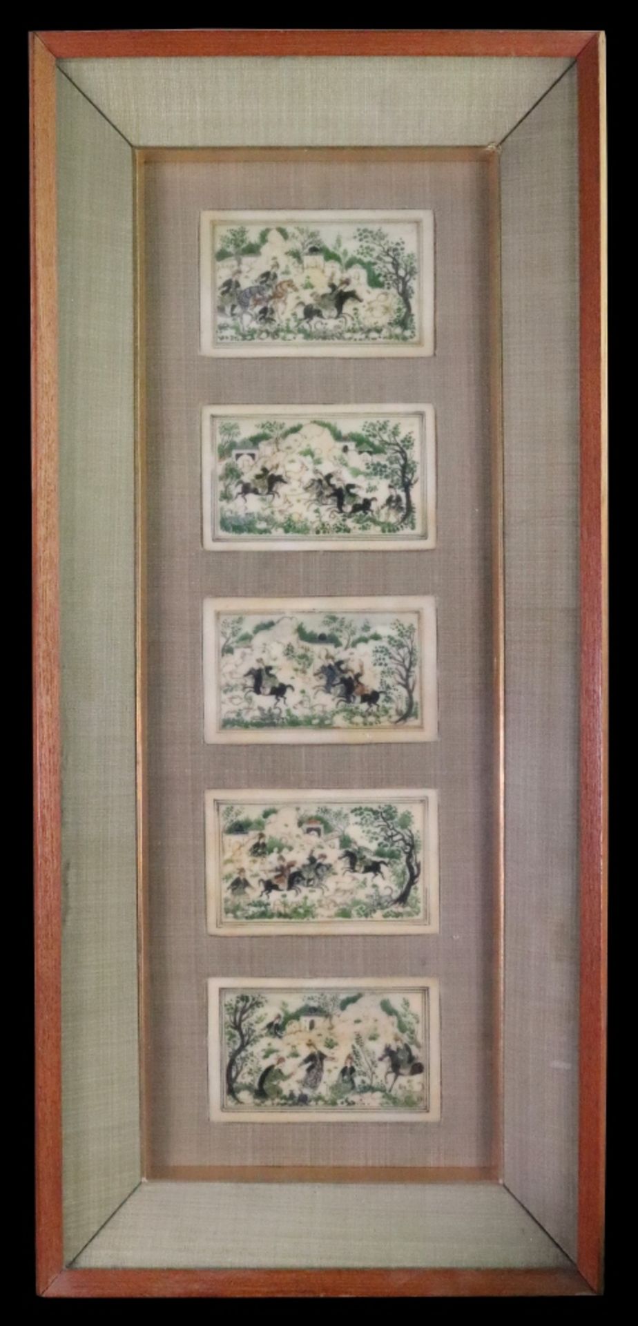 A group of eight Persian miniatures, 20th century, mostly hunting subjects, mounted in four frames, - Image 7 of 12
