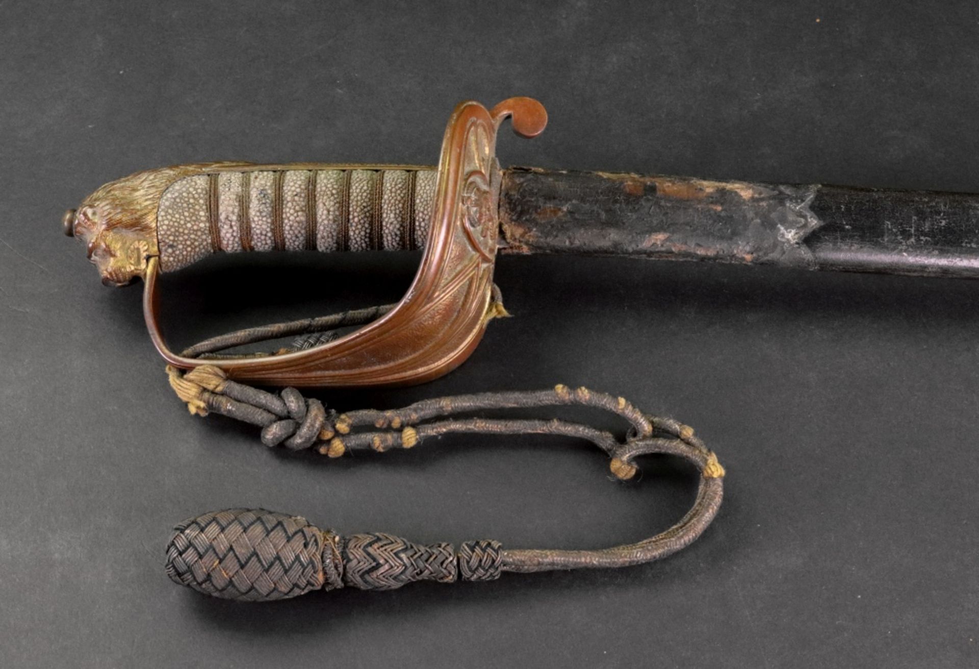 A naval officers sword, with wirebound fishskin grip, lion head pommel and bullion knot, - Image 2 of 7