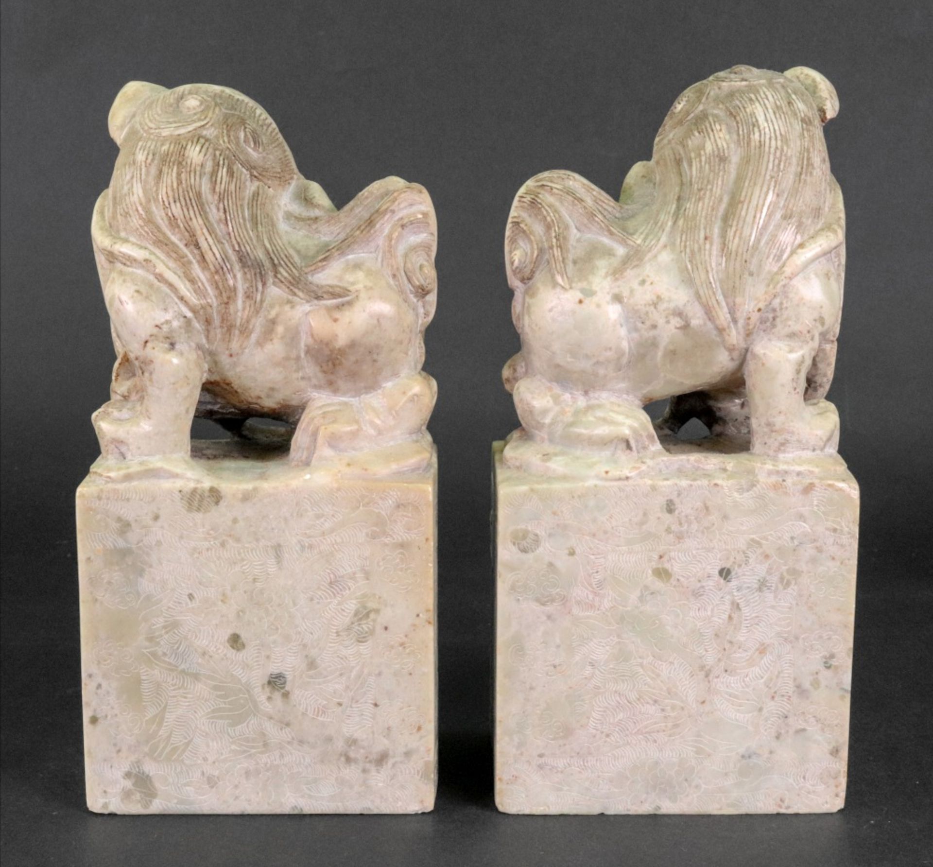 A pair of Chinese soapstone groups of Buddhist lions, the male with a brocade ball, - Image 3 of 6