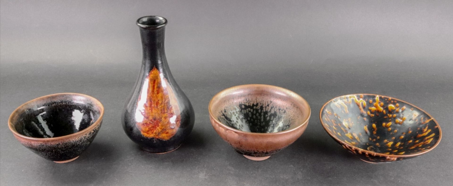 A group of Chinese Song-style pottery, comprising; a tortoiseshell glazed bowl, 15.