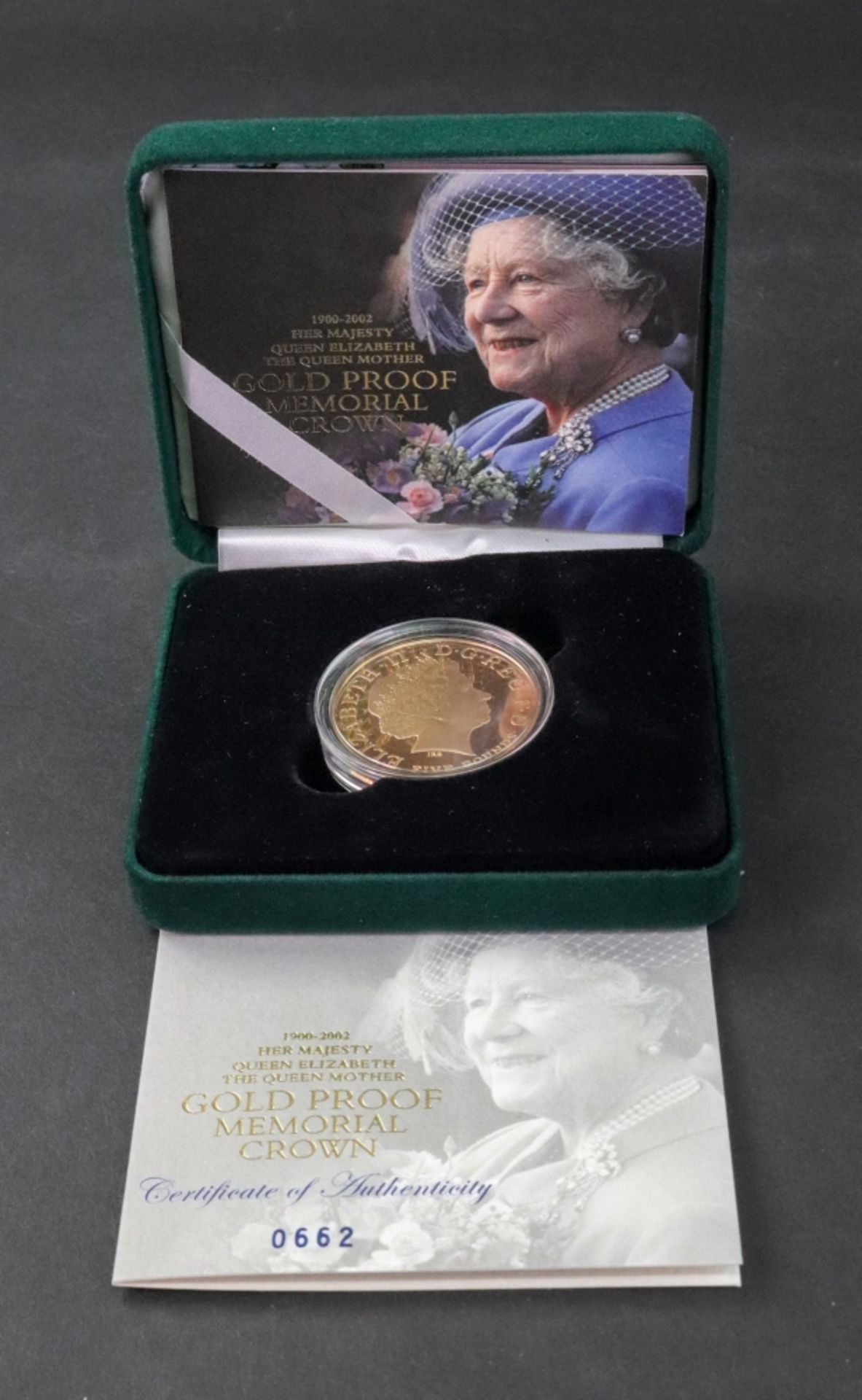 A gold proof memorial crown five pounds, Her Majesty Queen Elizabeth The Queen Mother, 1900-2002,