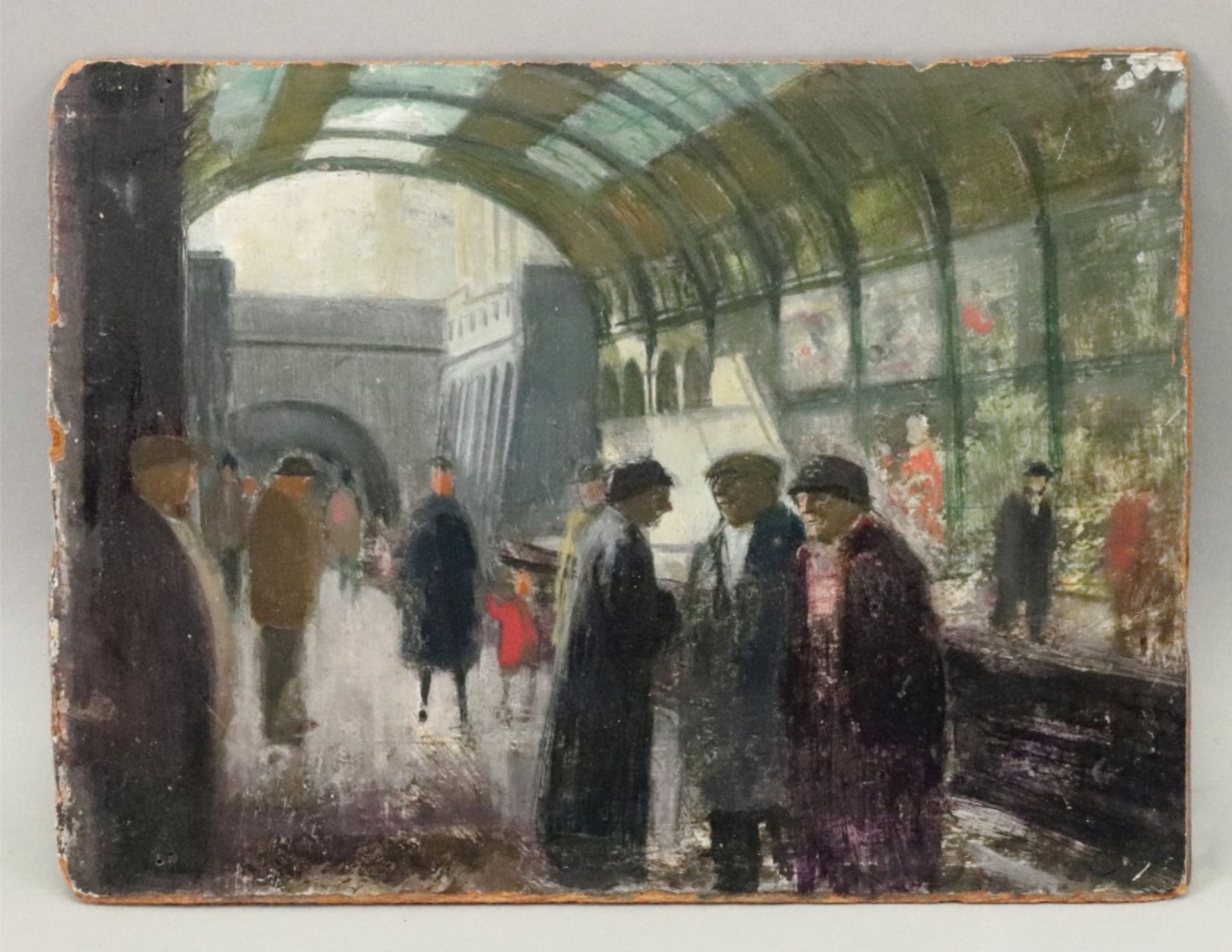 English School, 20th Century, Figures at a train station, oil on board, 19 x 25. - Image 3 of 5