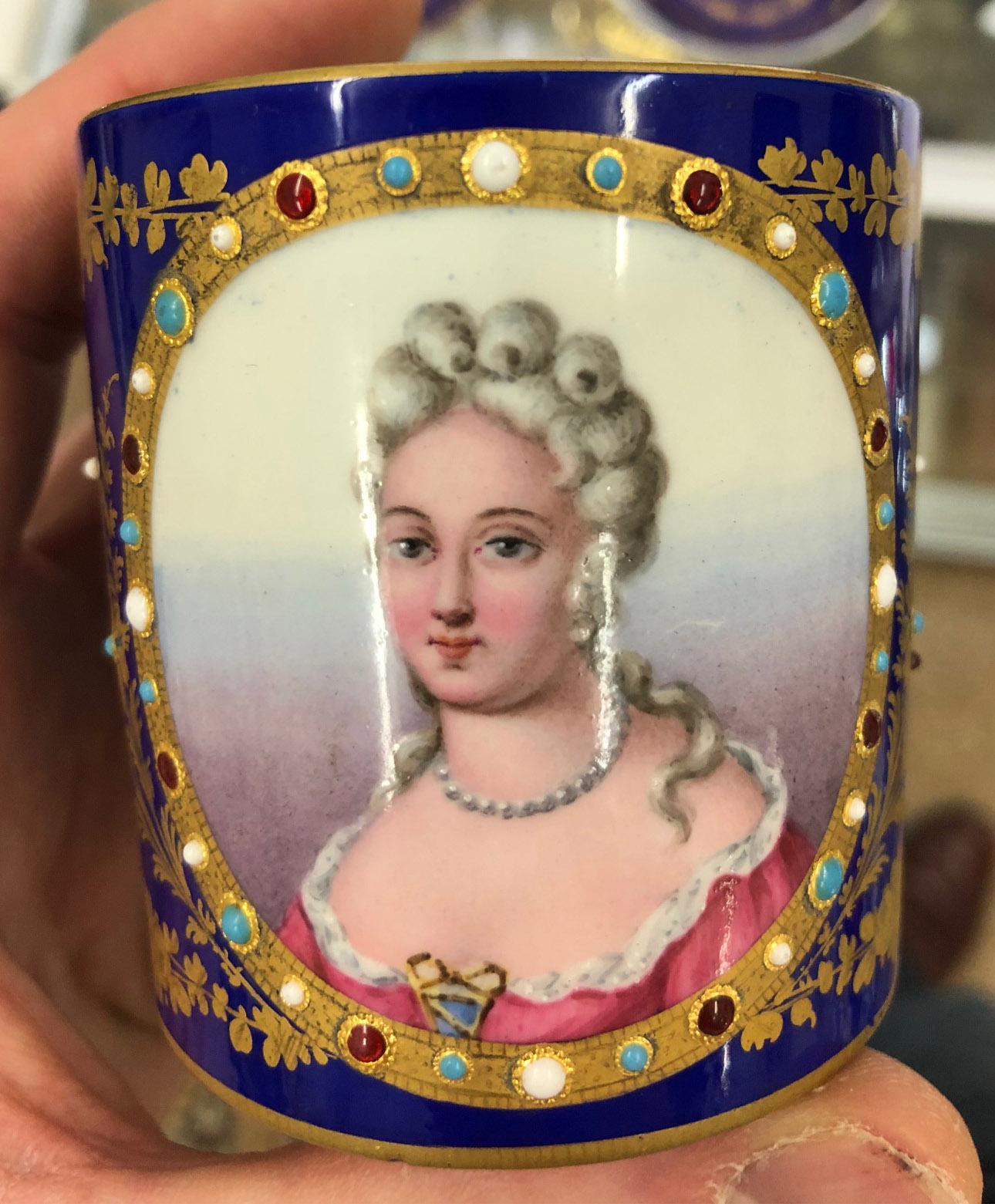 A pair of Sevres style coffee cans and saucers, each painted with a bust portrait of Mme. - Image 6 of 14