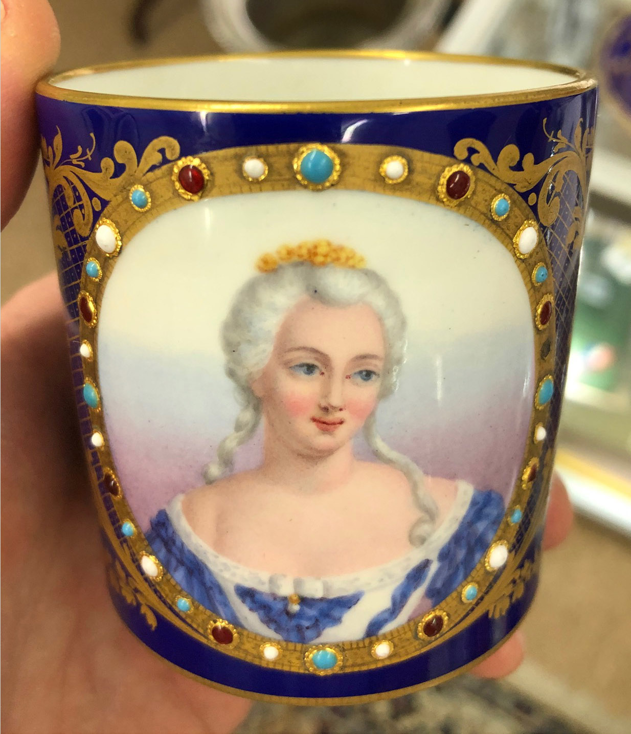 A pair of Sevres style coffee cans and saucers, each painted with a bust portrait of Mme. - Image 7 of 14