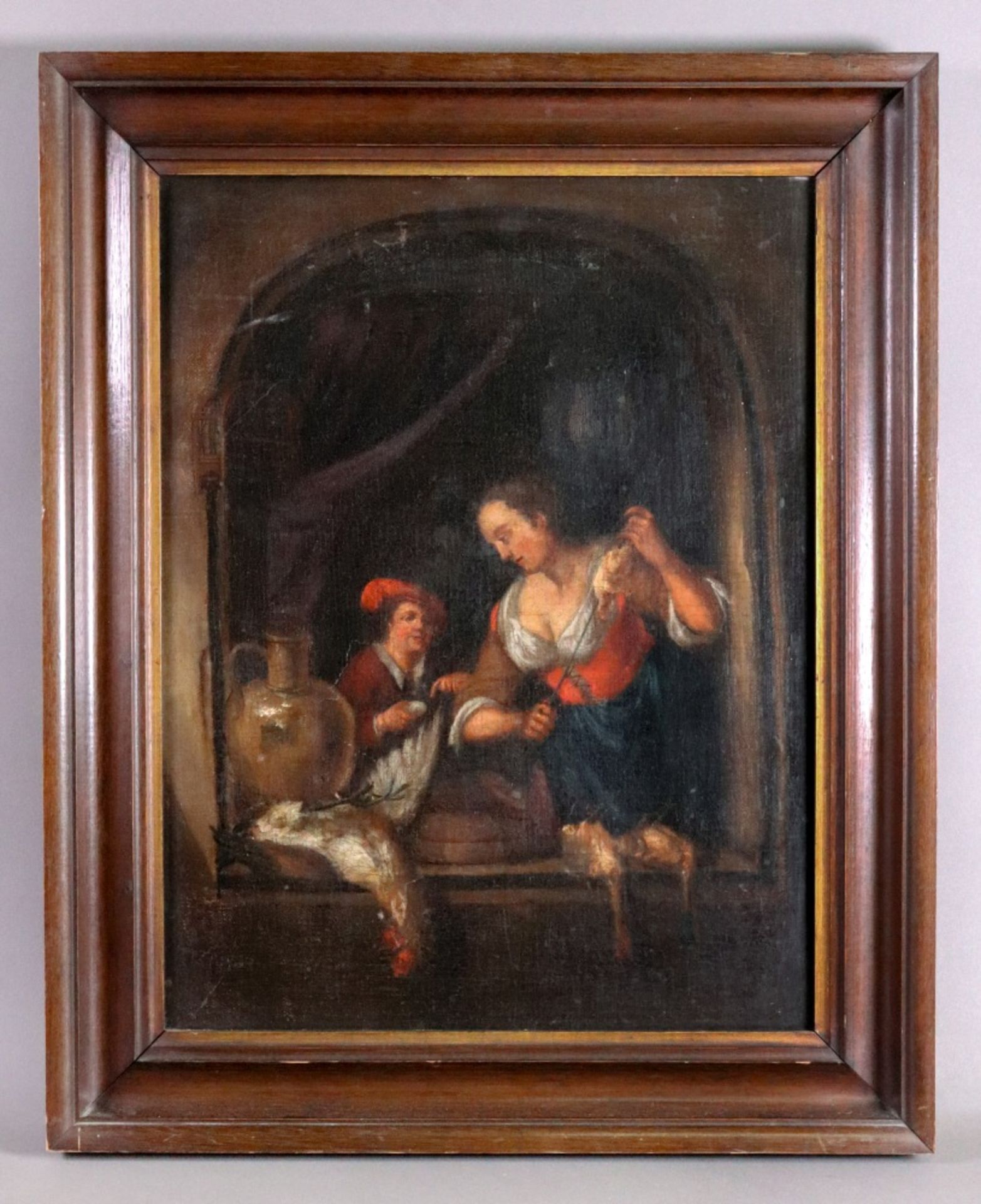 European School, 19th Century, A man and a woman with dead game, oil on canvas, 41 x 32cm. - Image 3 of 3
