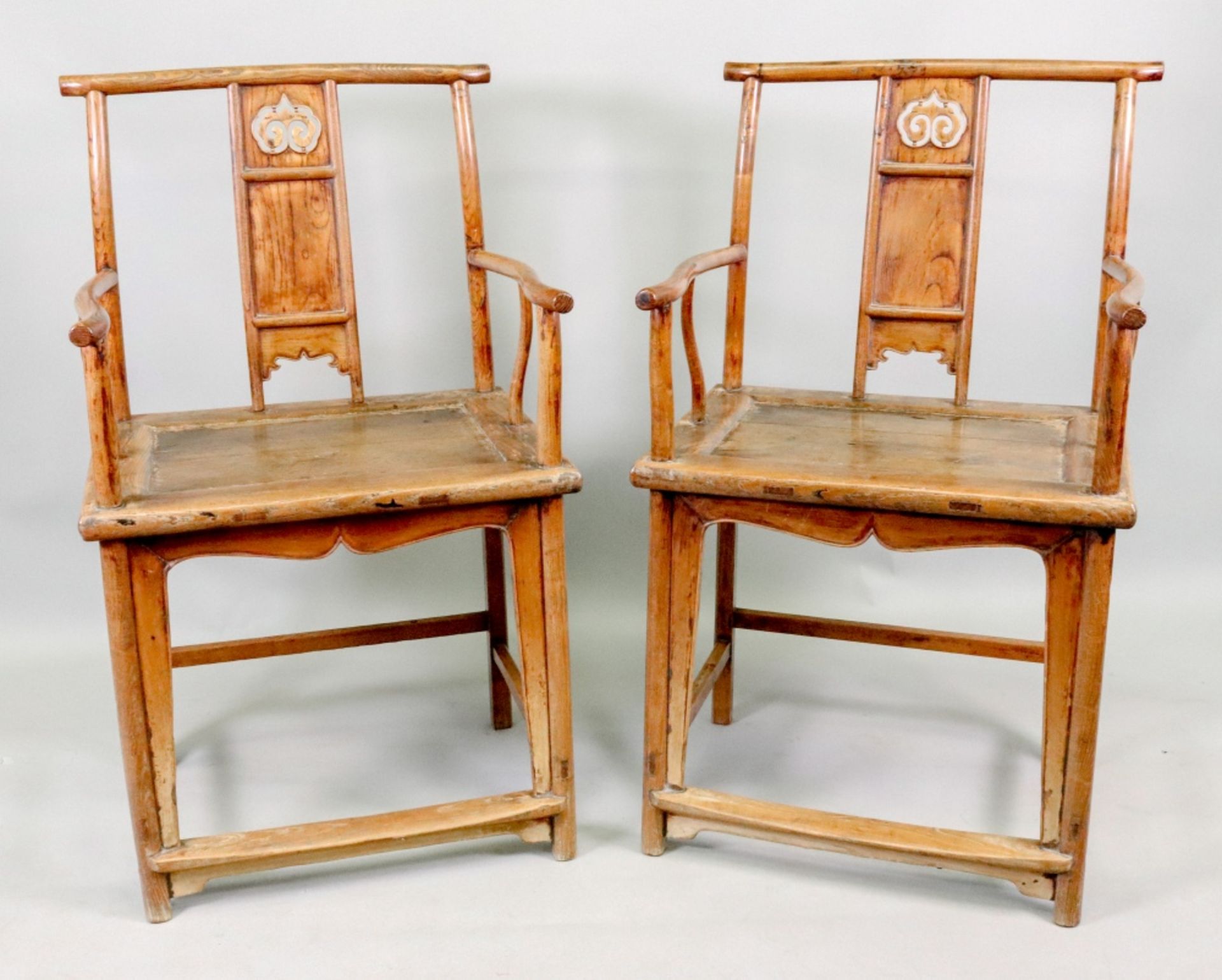 A pair of Chinese open arm elbow chairs, with carved and pierced and panelled splats, - Image 4 of 15