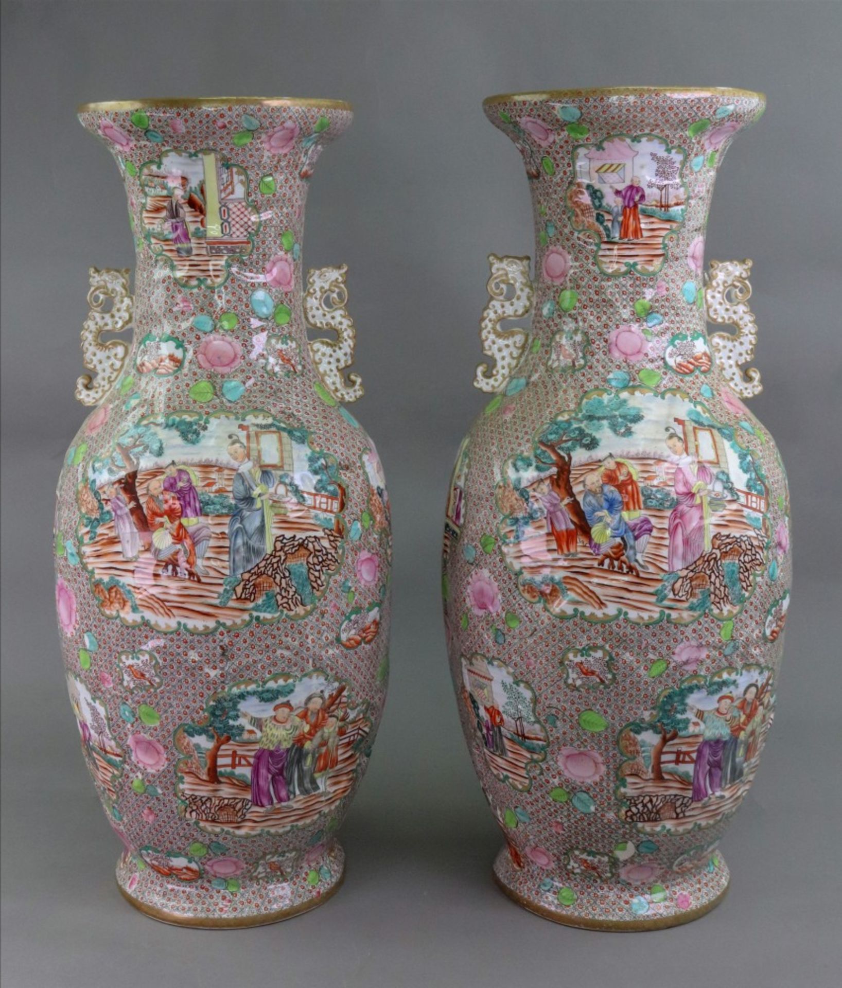 An unusual and large pair of Staffordshire earthenware two handled baluster vases, - Bild 4 aus 14