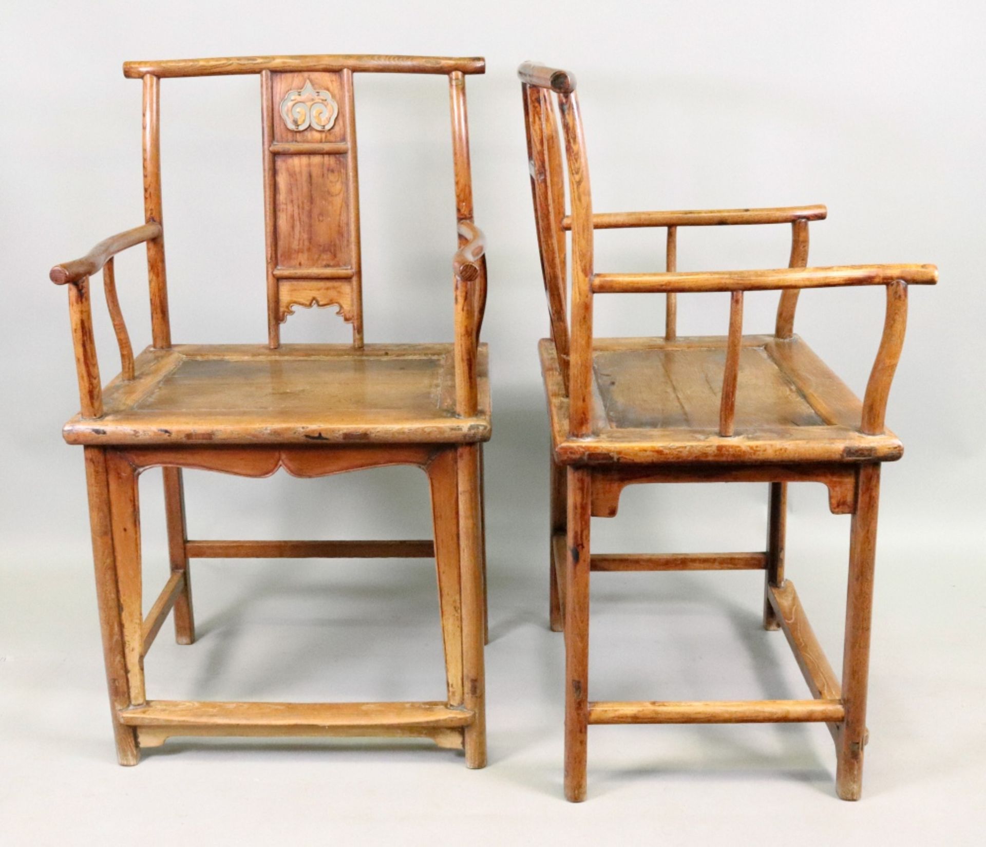 A pair of Chinese open arm elbow chairs, with carved and pierced and panelled splats, - Image 3 of 15