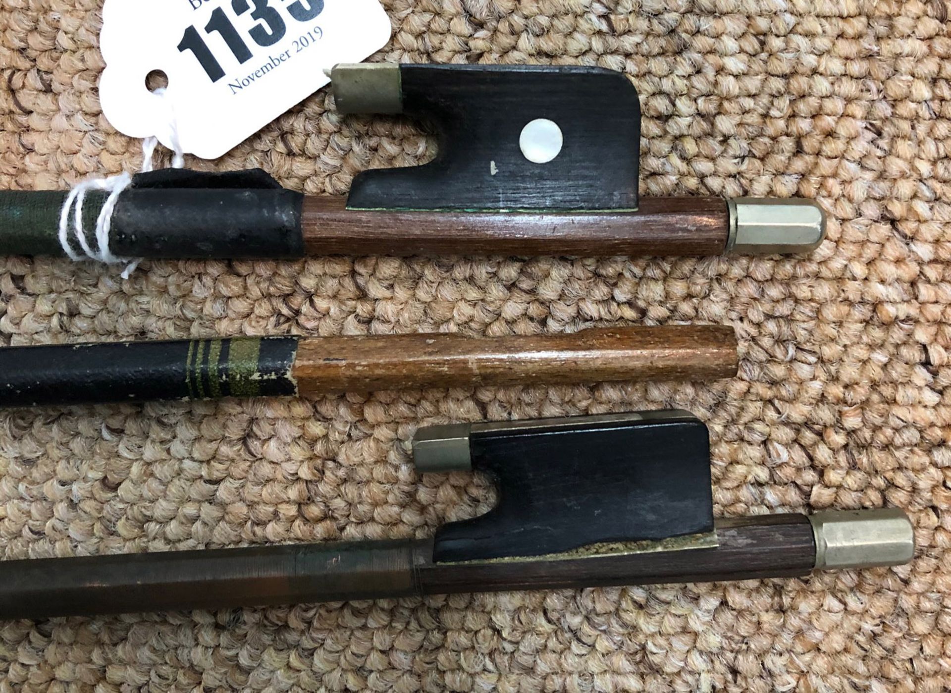 Three violin bows, one mahogany and ebony, stamped Czechoslovakia, with mother of pearl, - Image 4 of 5