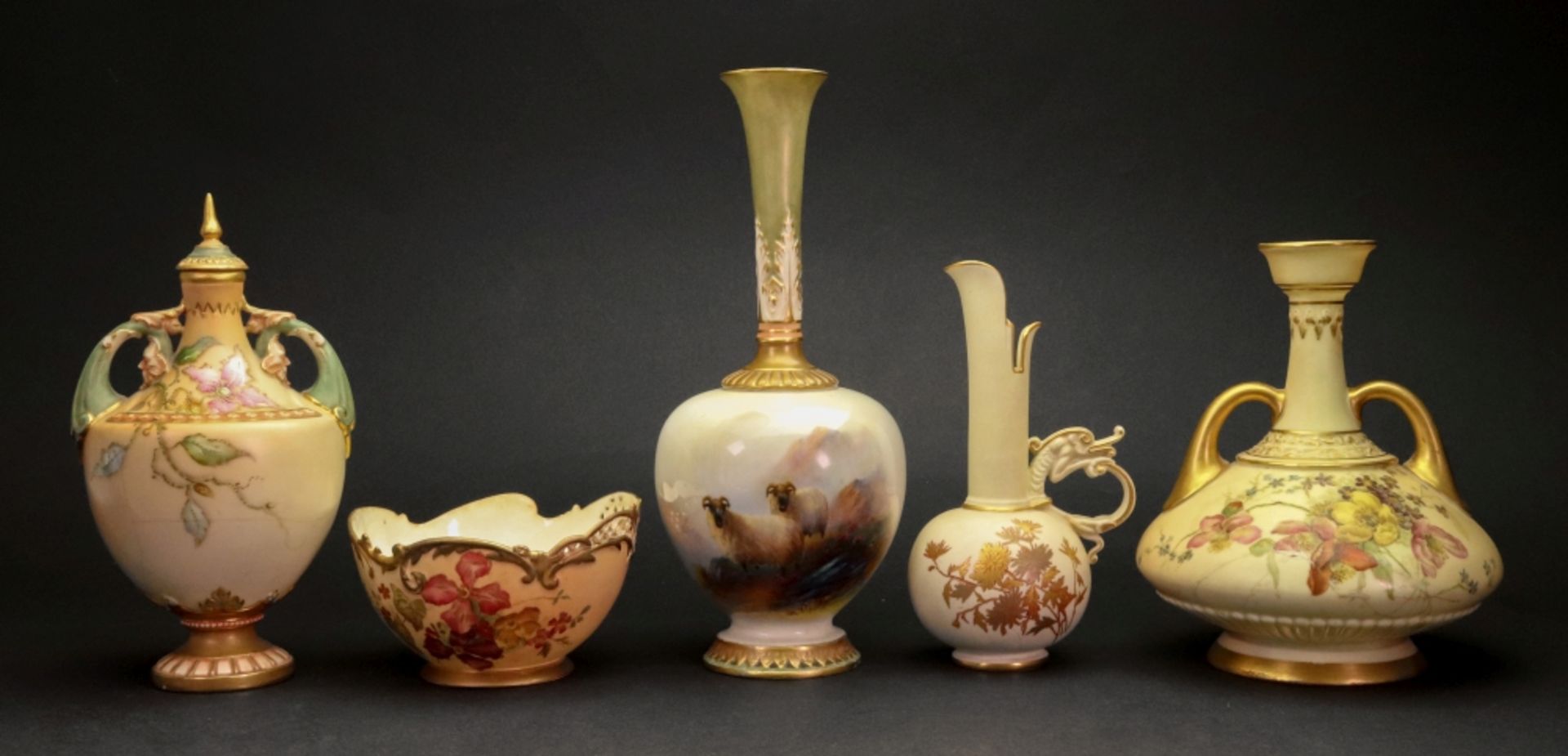 A collection of five pieces of Royal Worcester, a vase, shape no.