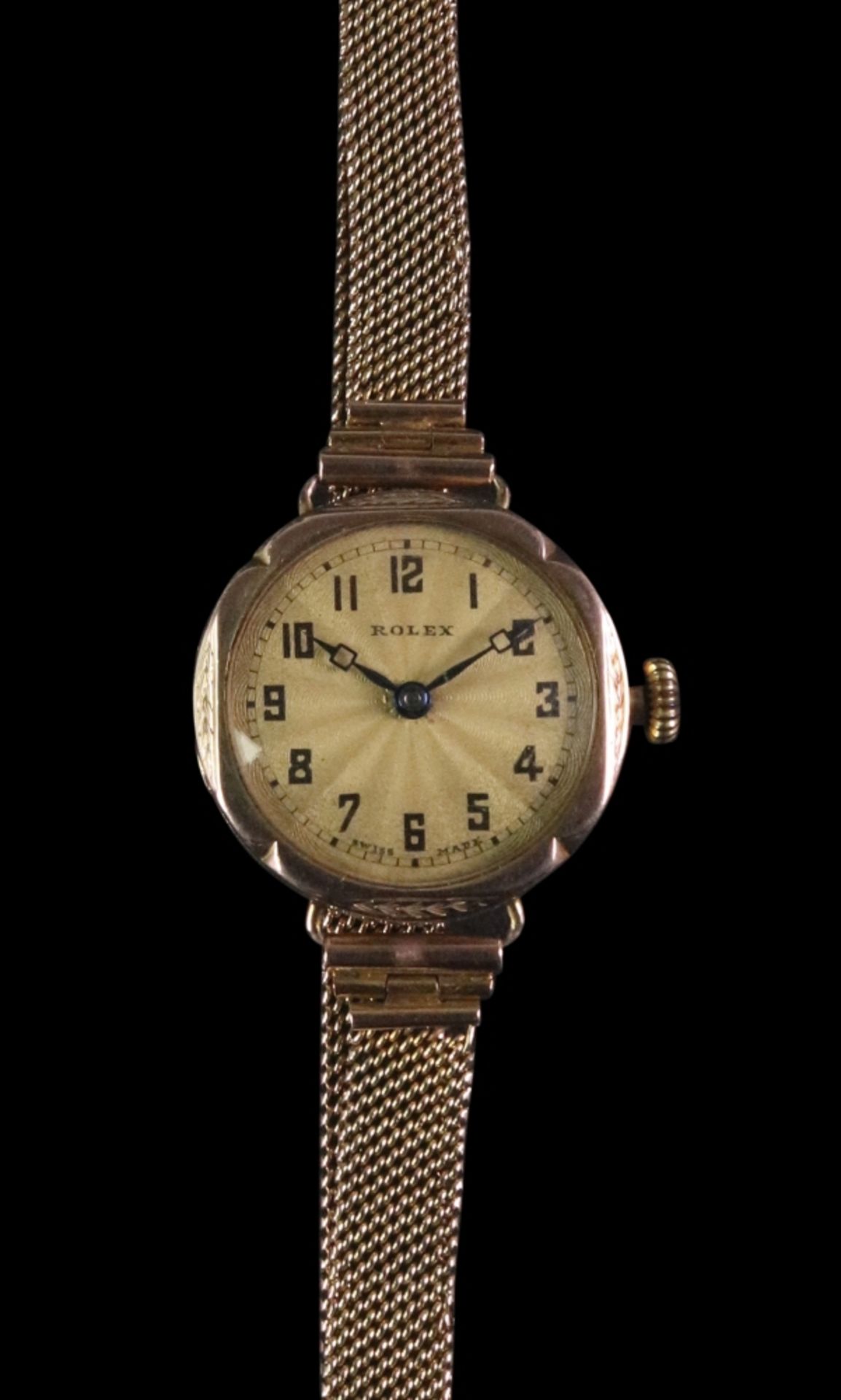 Rolex; a lady's 9ct gold bracelet watch, the dial with Arabic numerals, the case detailed '9.