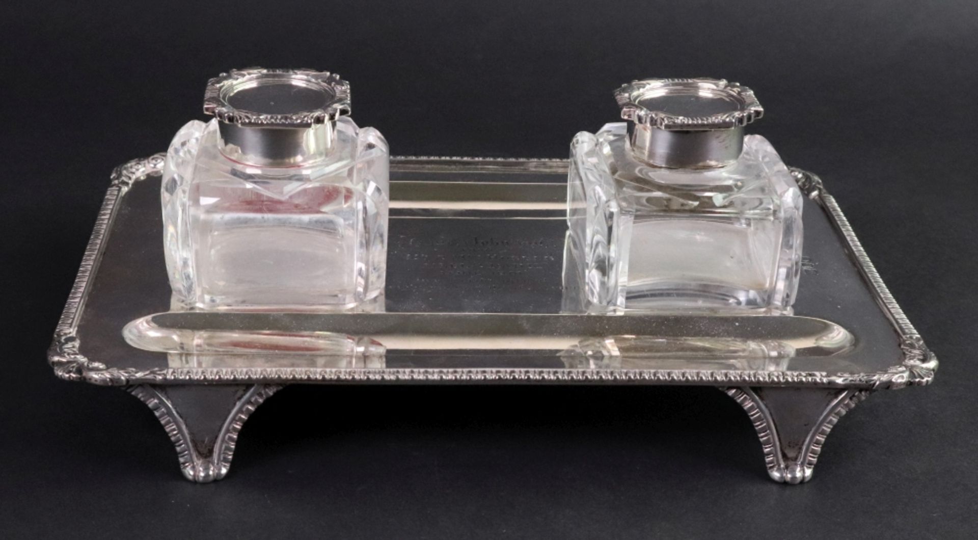 A George III style rectangular silver inkstand, Charles Stuart Harris, London 1900,