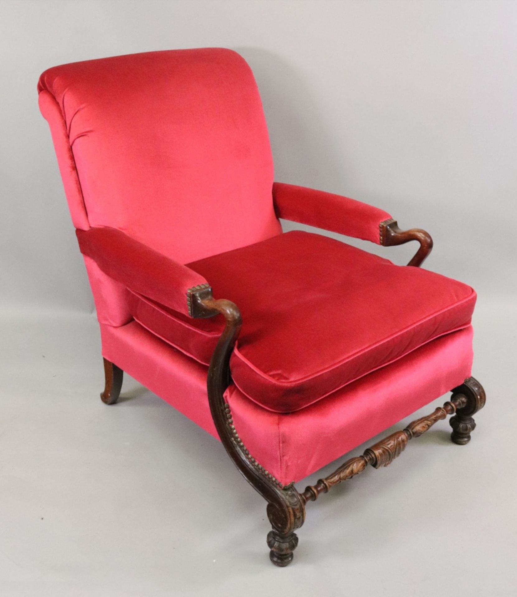 A late 17th century style carved mahogany frame upholstered armchair, late 19th century, the back,