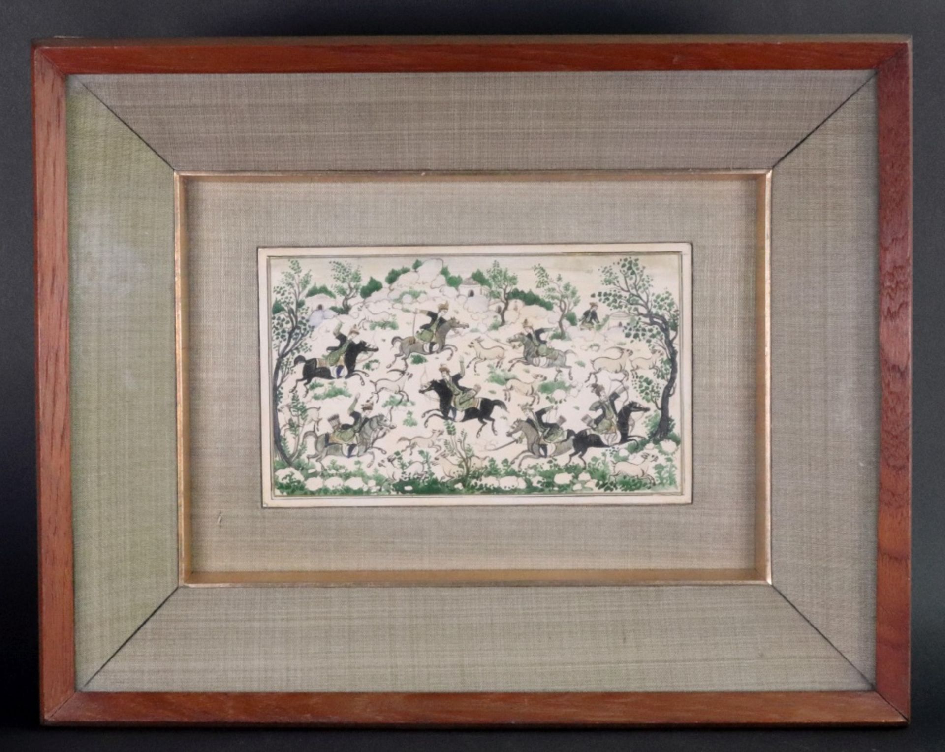 A group of eight Persian miniatures, 20th century, mostly hunting subjects, mounted in four frames, - Image 6 of 12