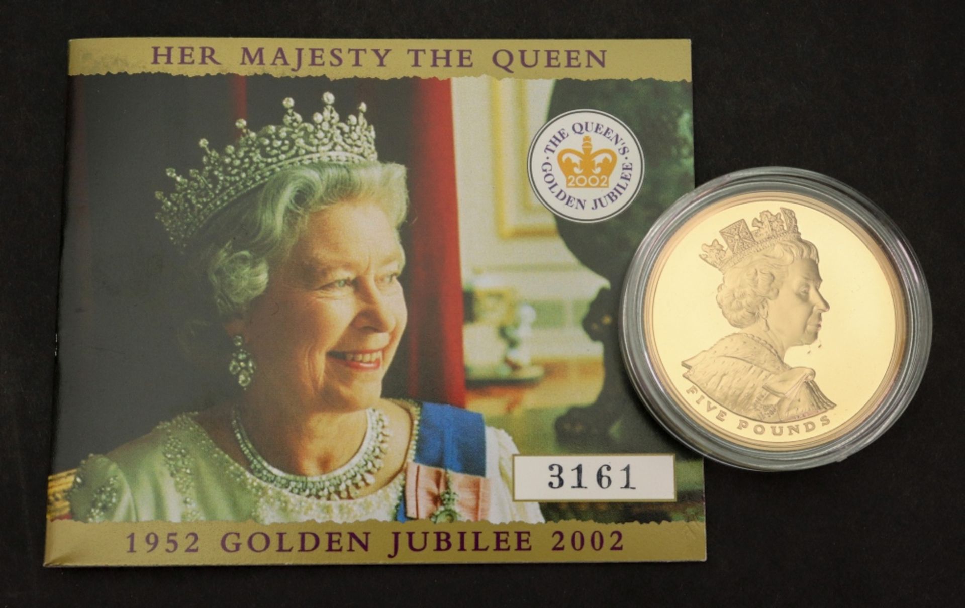 Elizabeth II 2002 gold proof Golden Jubilee Crown five pounds, 39.94gms, with certification.