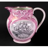 A Sunderland lustre baluster jug, early 19th century, printed to the centre with Sir R. Peel, Bart.
