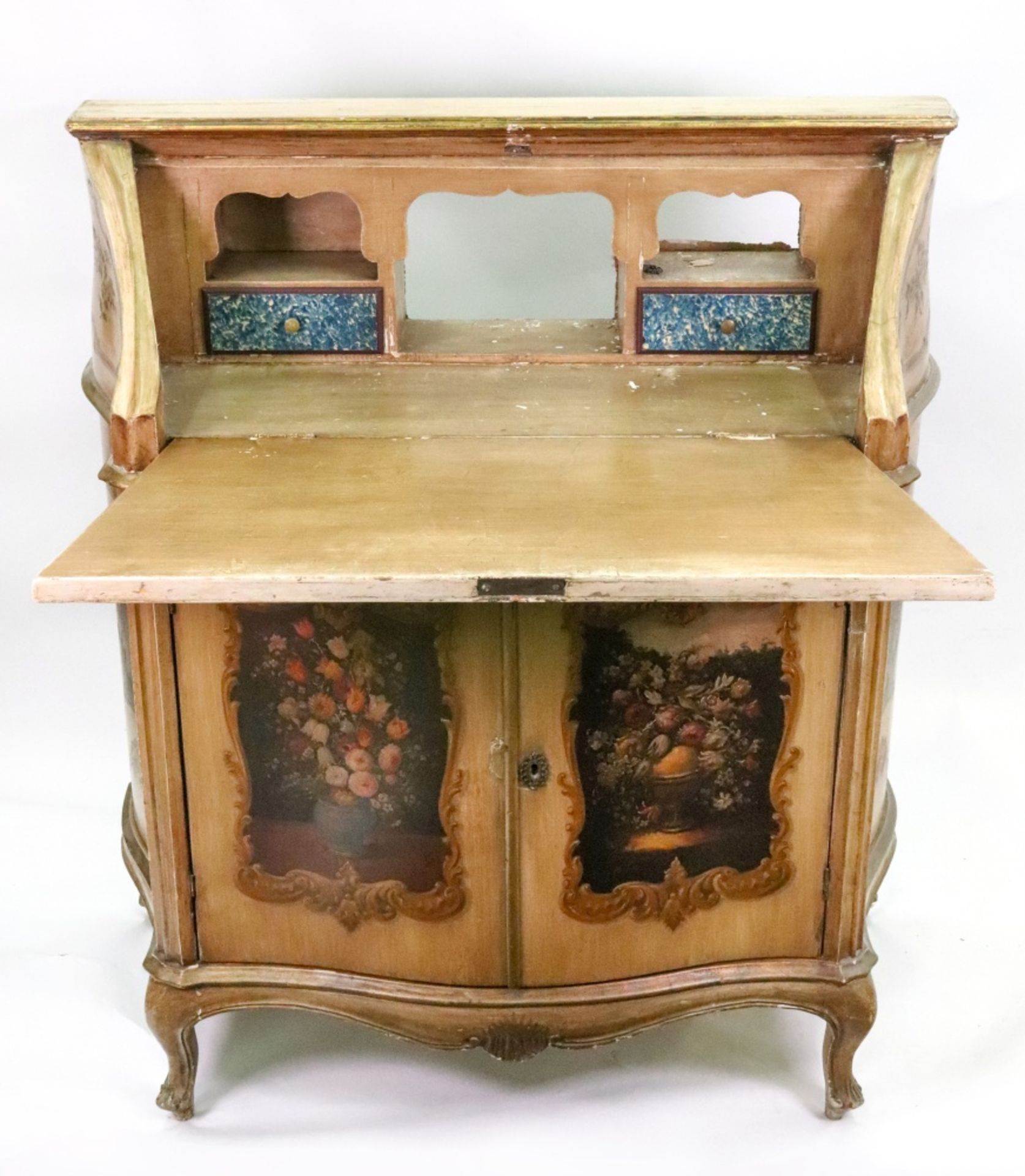 An Italian polychrome painted bureau, in mid 18th century style. - Image 3 of 19