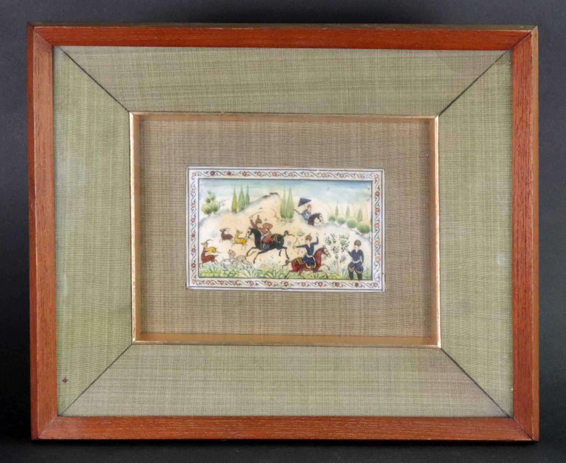 A group of eight Persian miniatures, 20th century, mostly hunting subjects, mounted in four frames,