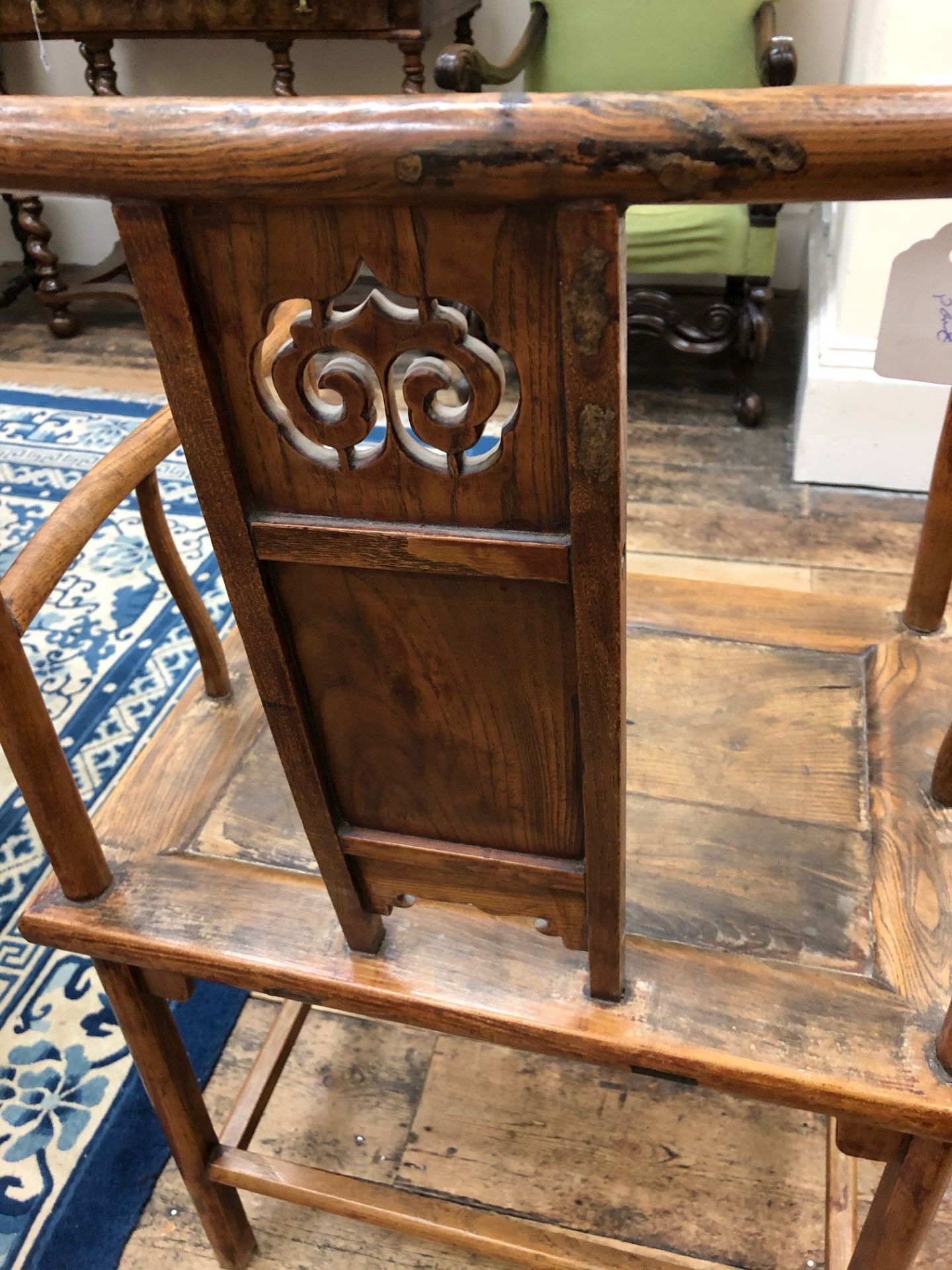 A pair of Chinese open arm elbow chairs, with carved and pierced and panelled splats, - Image 14 of 15