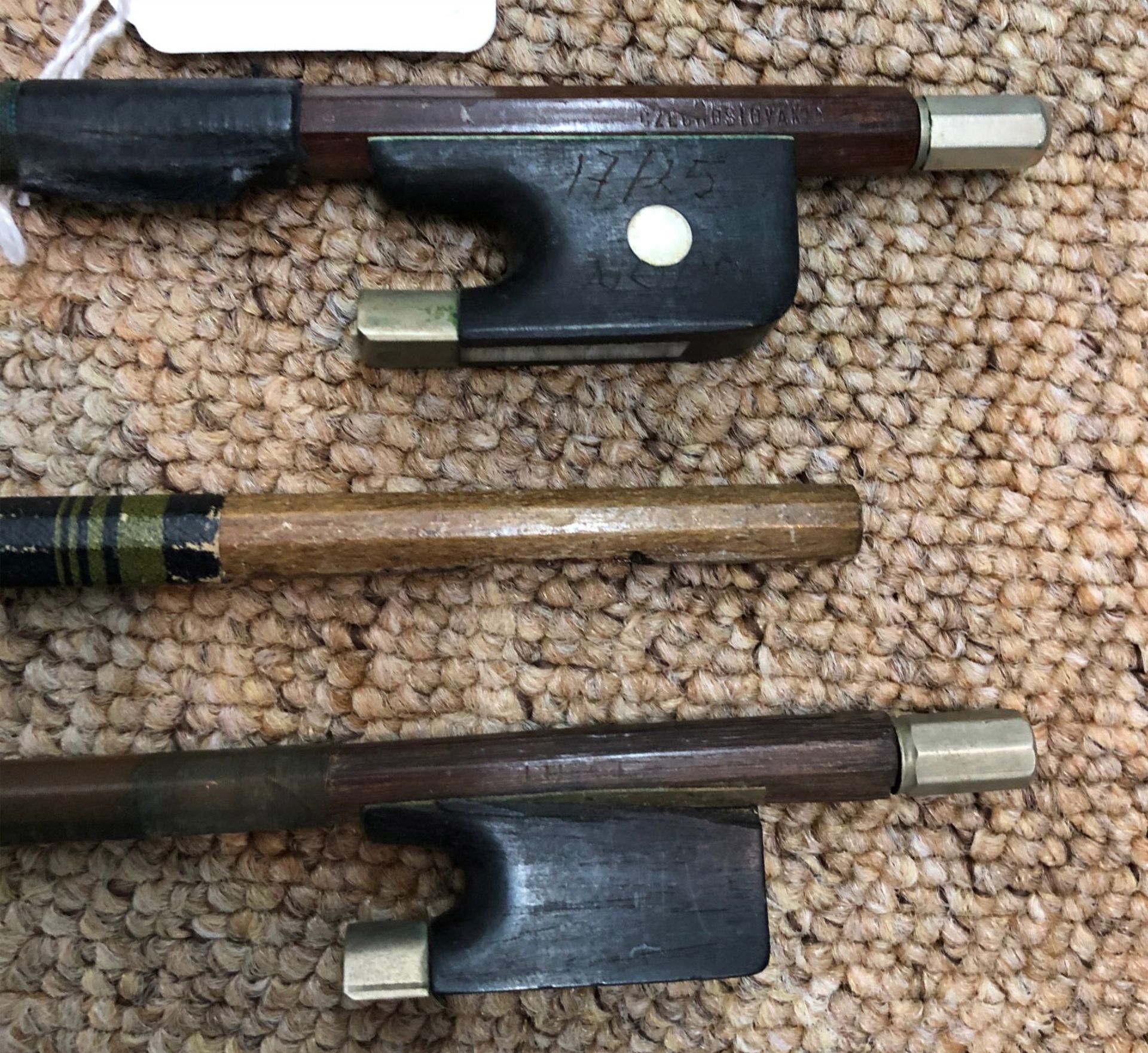 Three violin bows, one mahogany and ebony, stamped Czechoslovakia, with mother of pearl, - Image 2 of 5