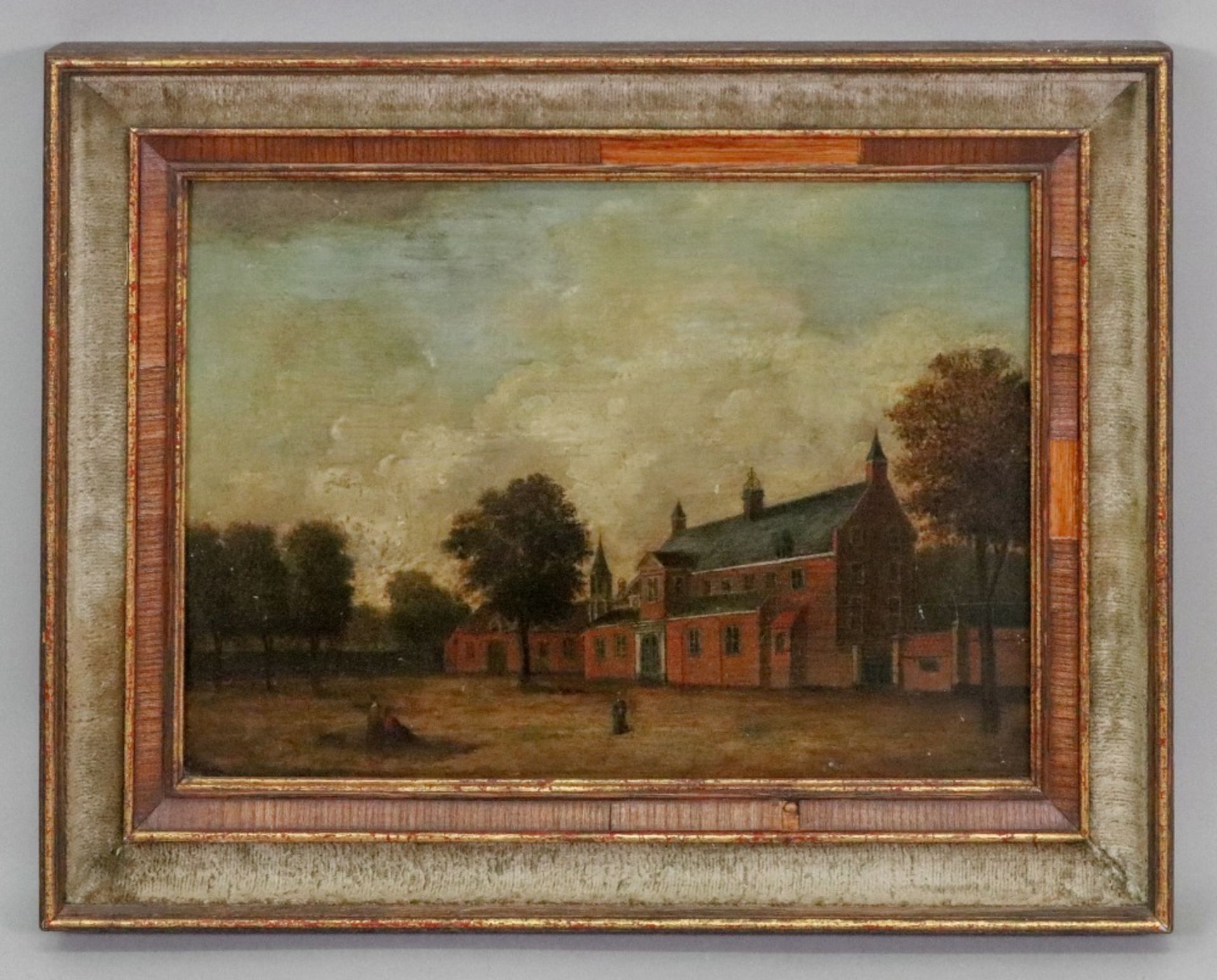 Northern European School, 18th Century, Three figures outside a building, oil on panel, 24 x 34cm. - Image 2 of 3