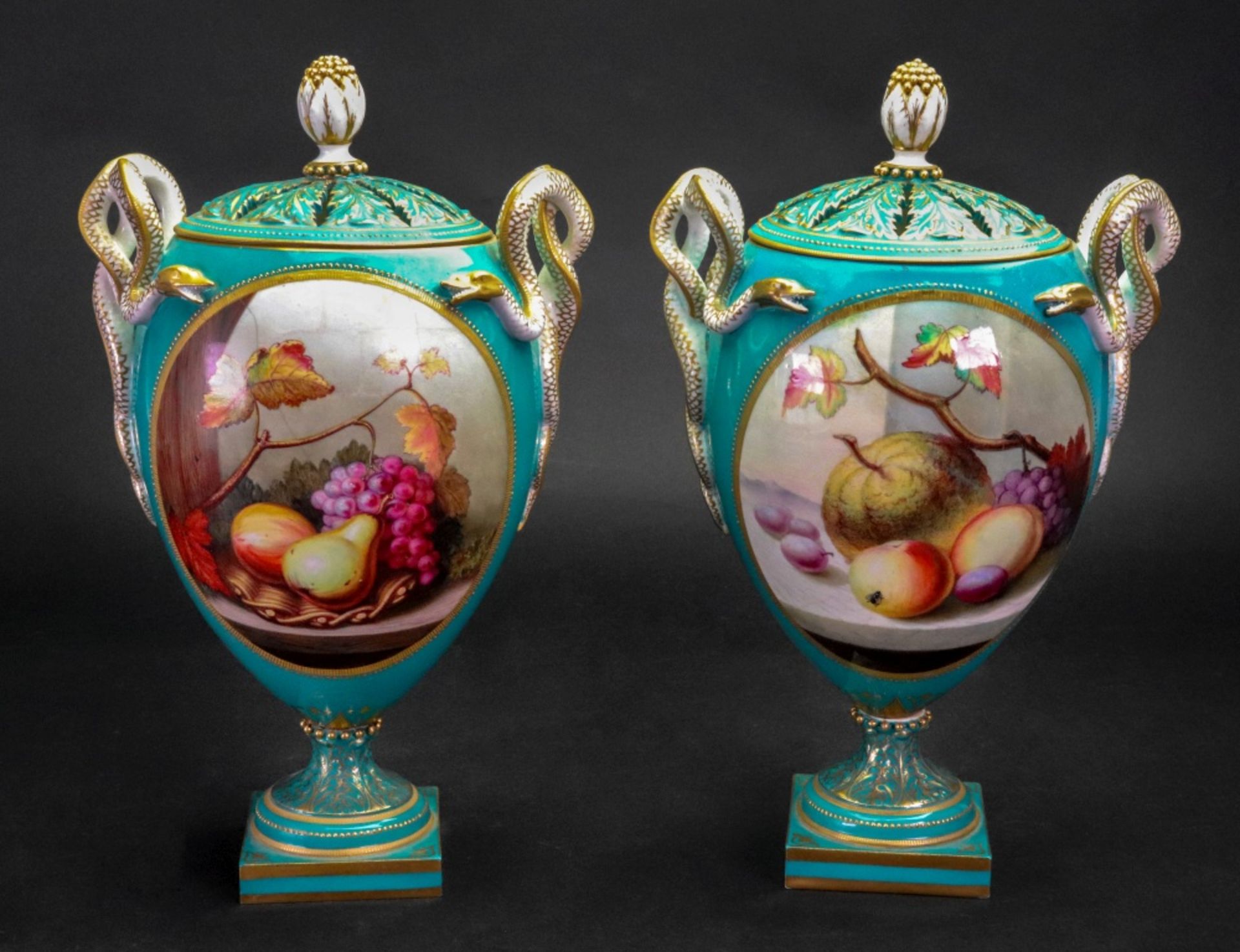 A pair of Royal Worcester two handled pot pourri vases and pierced covers, circa 1865,