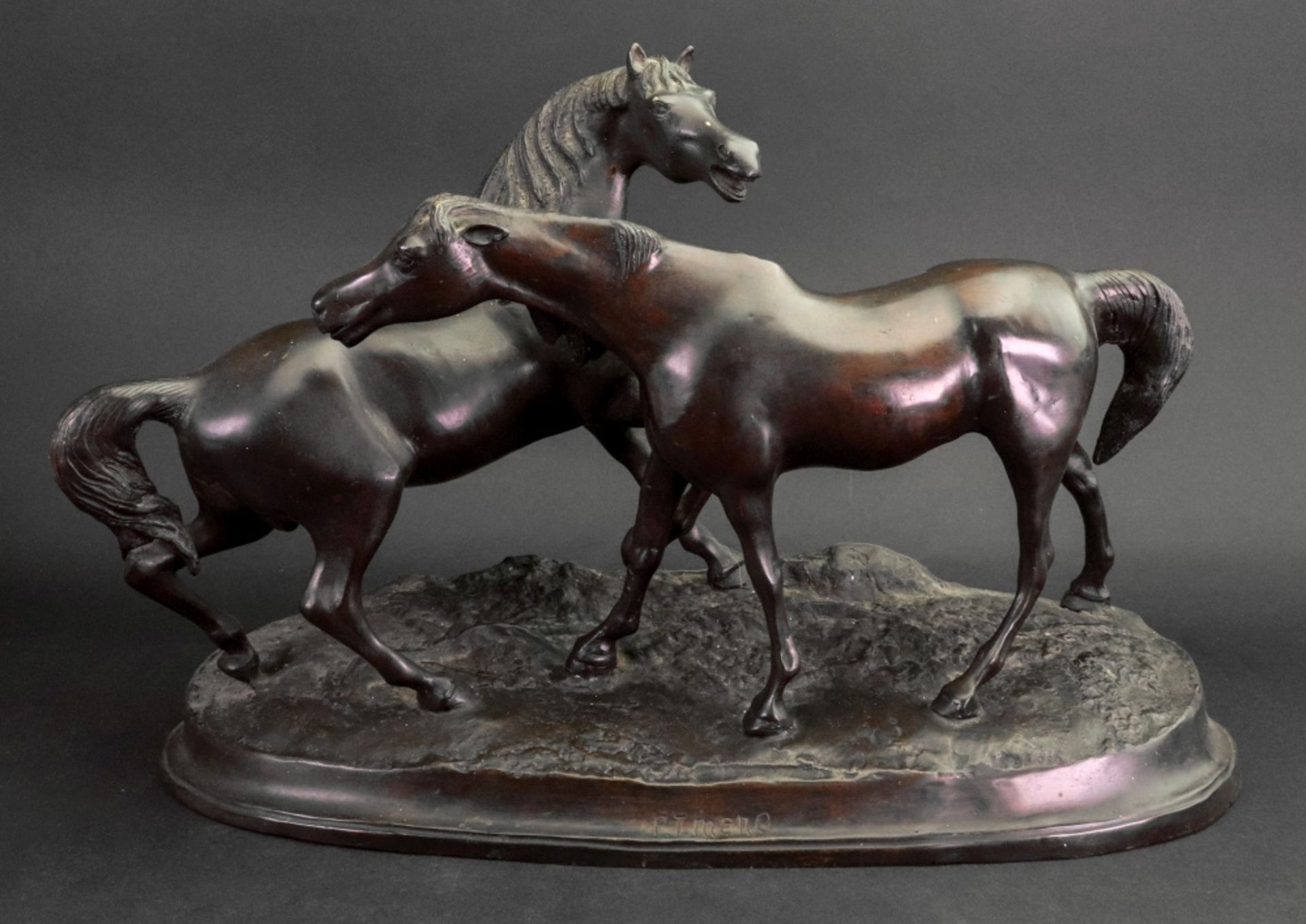 After Pierre-Jules Mene, Two horses, bears signature, 'P J Mene', bronze, 49cm wide x 29cm high.