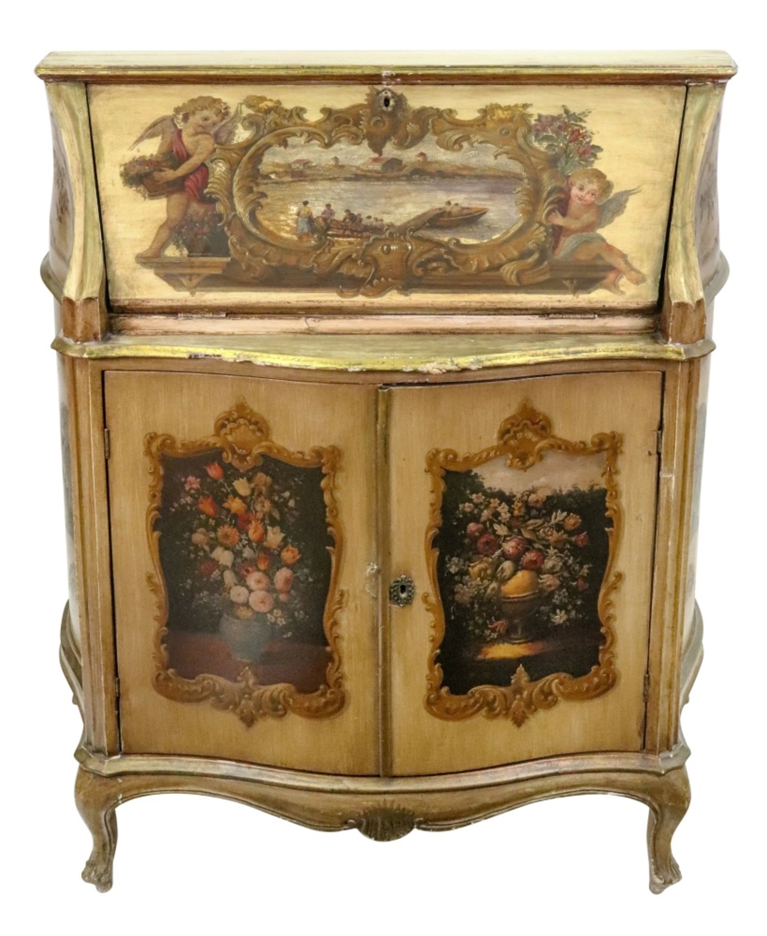 An Italian polychrome painted bureau, in mid 18th century style.