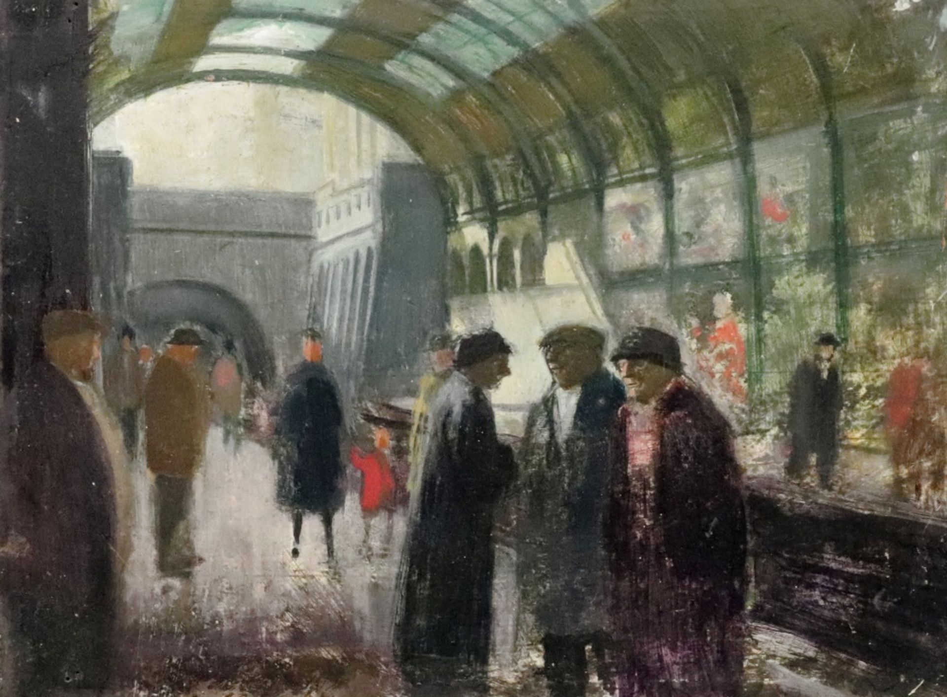 English School, 20th Century, Figures at a train station, oil on board, 19 x 25.