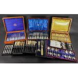 An oak cased set of twelve pairs of mother of pearl handled electroplate dessert knives and forks,