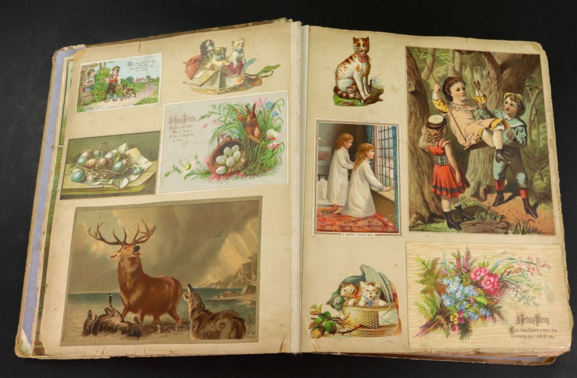 A Victorian album of 'scraps', in a decorative original binding with panels of flowers and gilt. - Image 2 of 16