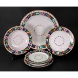 A large Russian circular bowl, a smaller bowl and four plates,