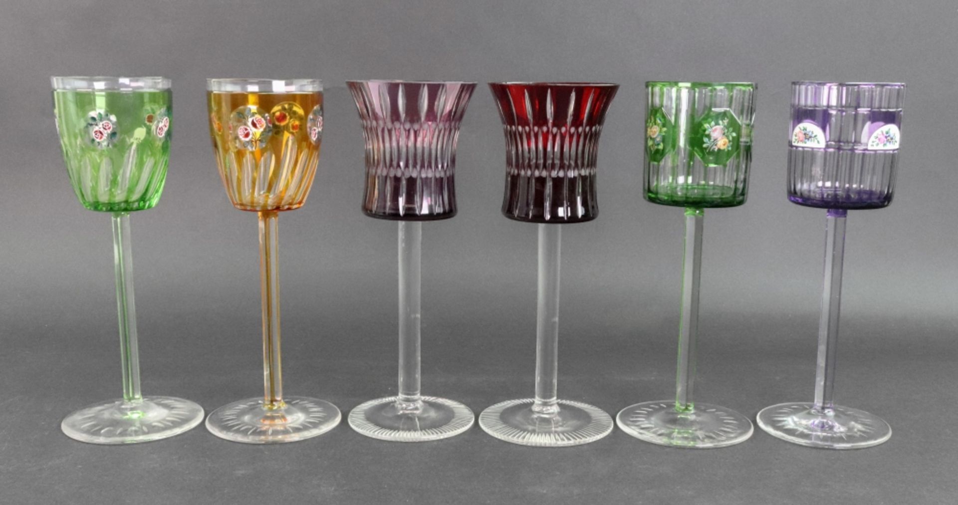 A group of six Austro-German hock glasses, 20th century, the bowls stained in varying colours, - Image 2 of 2