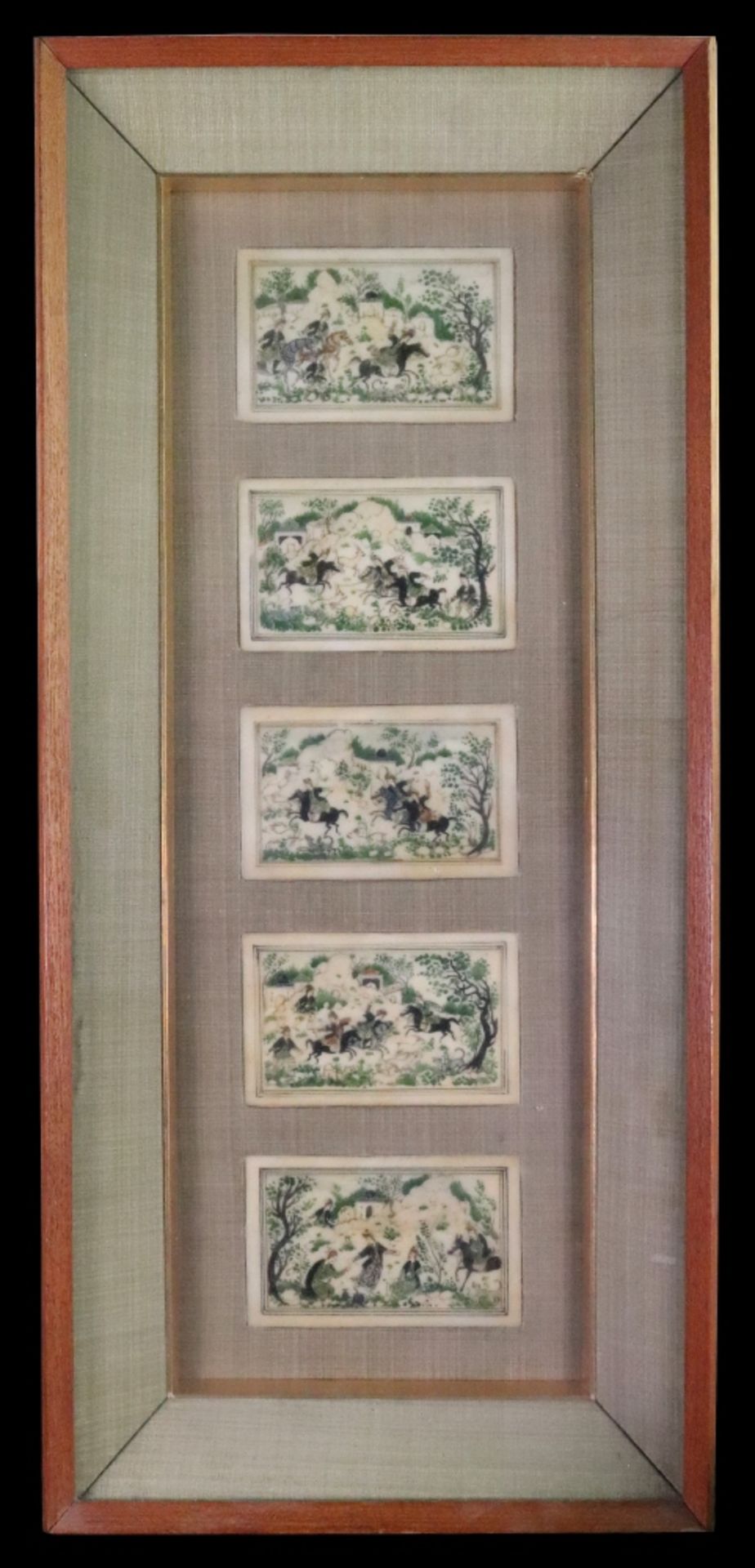 A group of eight Persian miniatures, 20th century, mostly hunting subjects, mounted in four frames, - Image 8 of 12