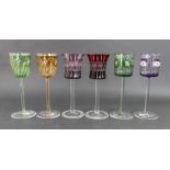 A group of six Austro-German hock glasses, 20th century, the bowls stained in varying colours,