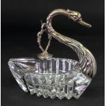 A modern silver mounted cut glass swan ashtray, English import marks, 11.5cm wide.