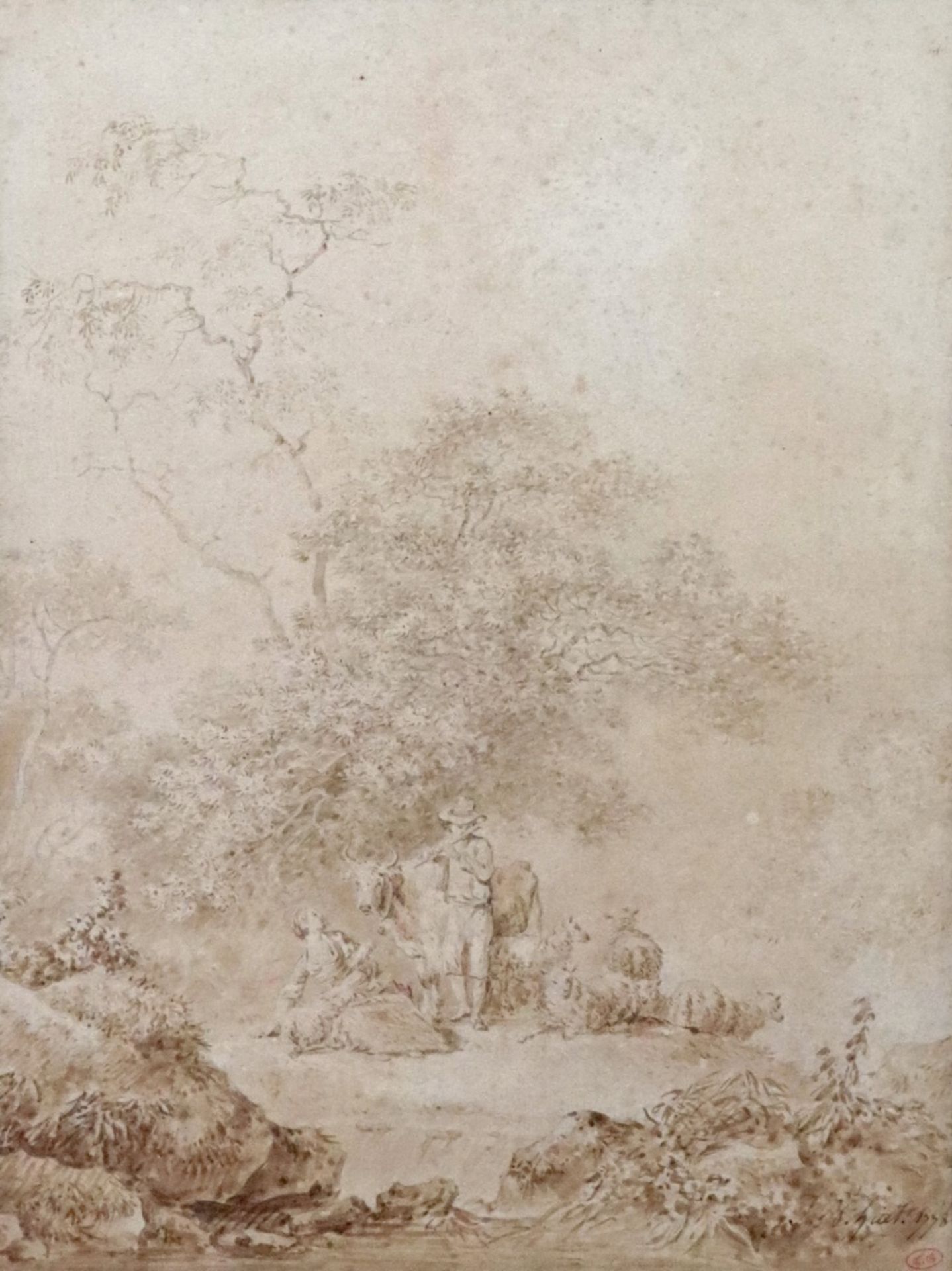 European School, 18th Century, A man playing the flute, with a woman and animals in a landscape,