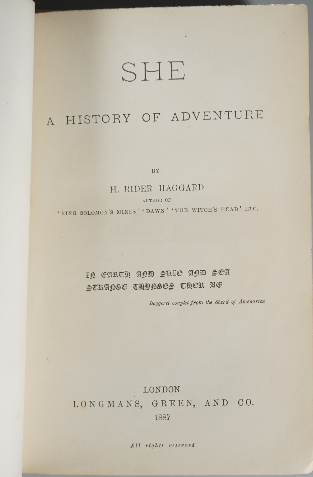 RIDER HAGGARD, Henry (1856-1925). She. A History of Adventure. London: Longmans, Green, and Co. - Image 3 of 3