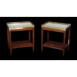 A pair of mahogany and marble topped side tables with brass galleried tops, 45cm wide x 50cm high.