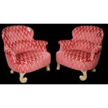 Rose Tarlow, a pair of modern armchairs with red and gold zigzag upholstery,