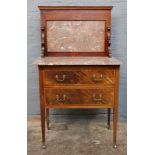 An Edwardian mahogany satinwood crossbanded boxwood and ebony strung washstand with veined marble