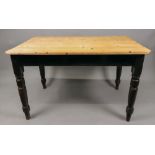 A Victorian pine kitchen table, with end drawer, on turned legs, 121cm wide x 75cm deep x 73cm high.