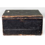 A 19th century brass studded black canvas covered trunk with carrying handles,